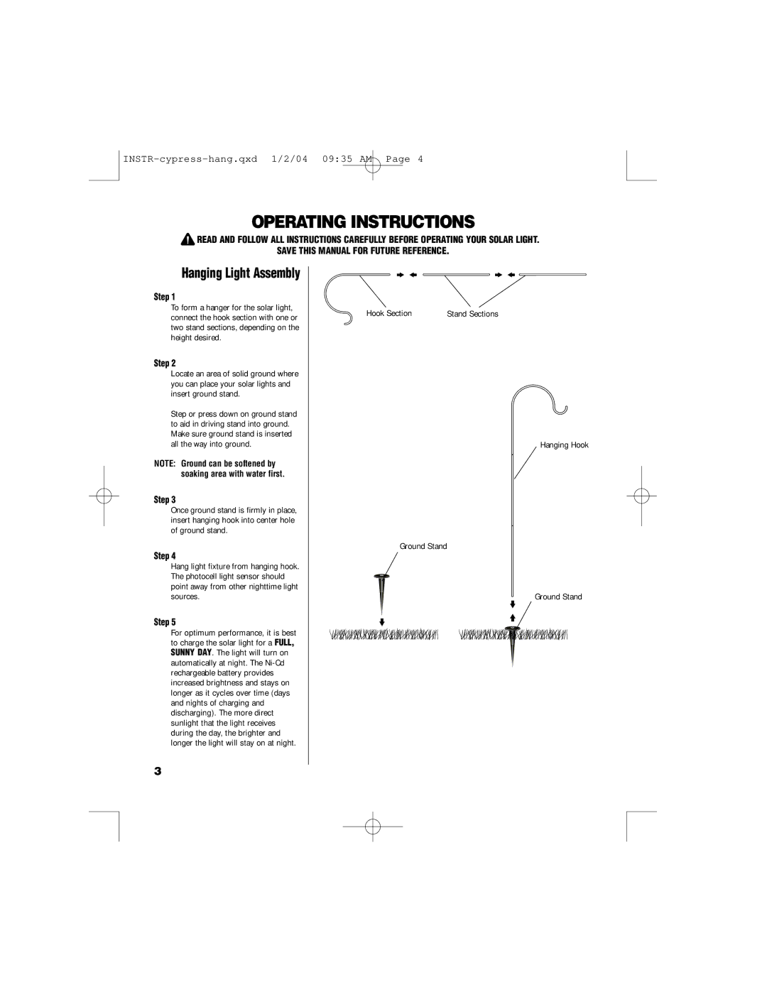 Brinkmann 822-1526-2 owner manual Operating Instructions, Hanging Light Assembly, Step 