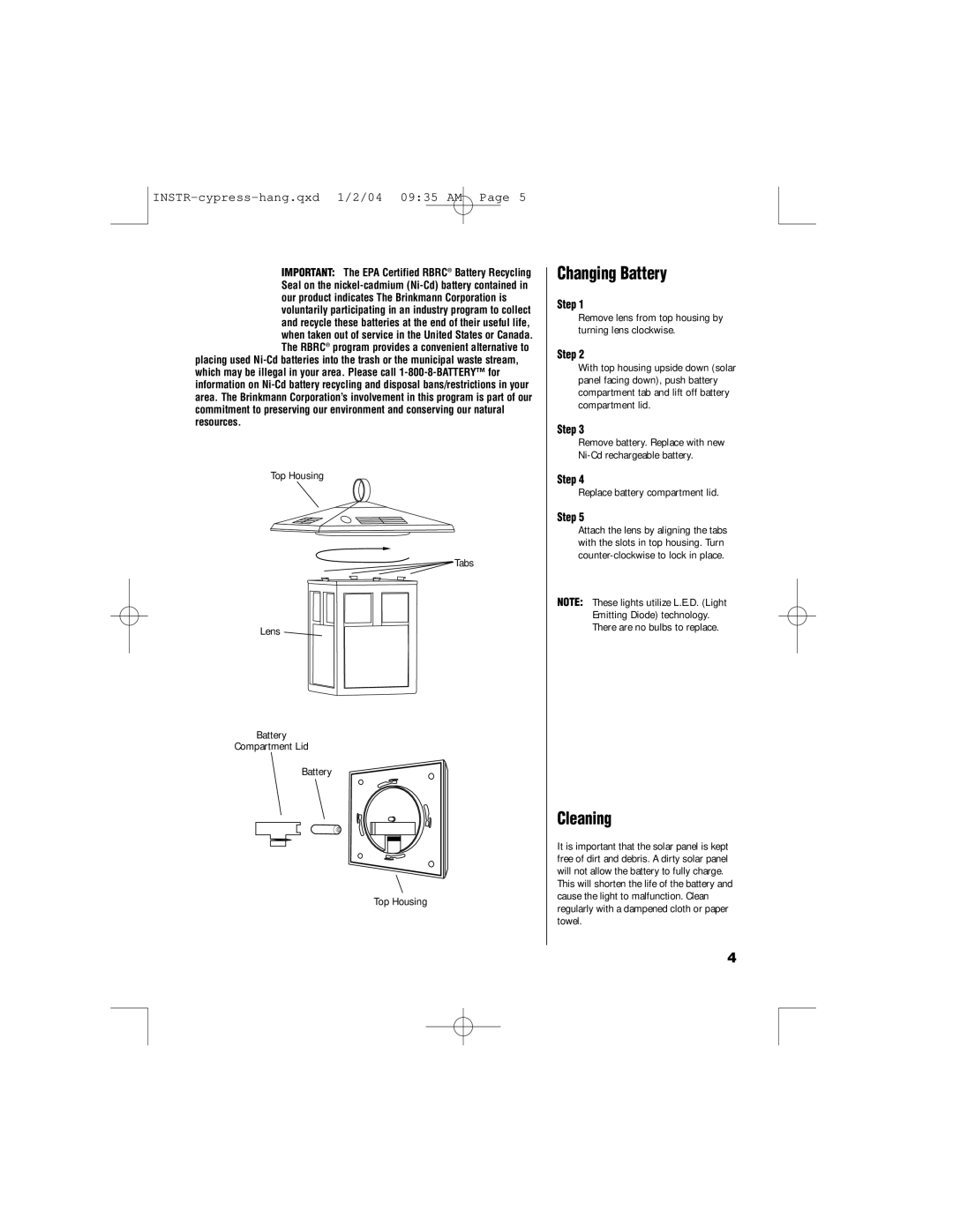 Brinkmann 822-1526-2 owner manual Changing Battery, Cleaning 