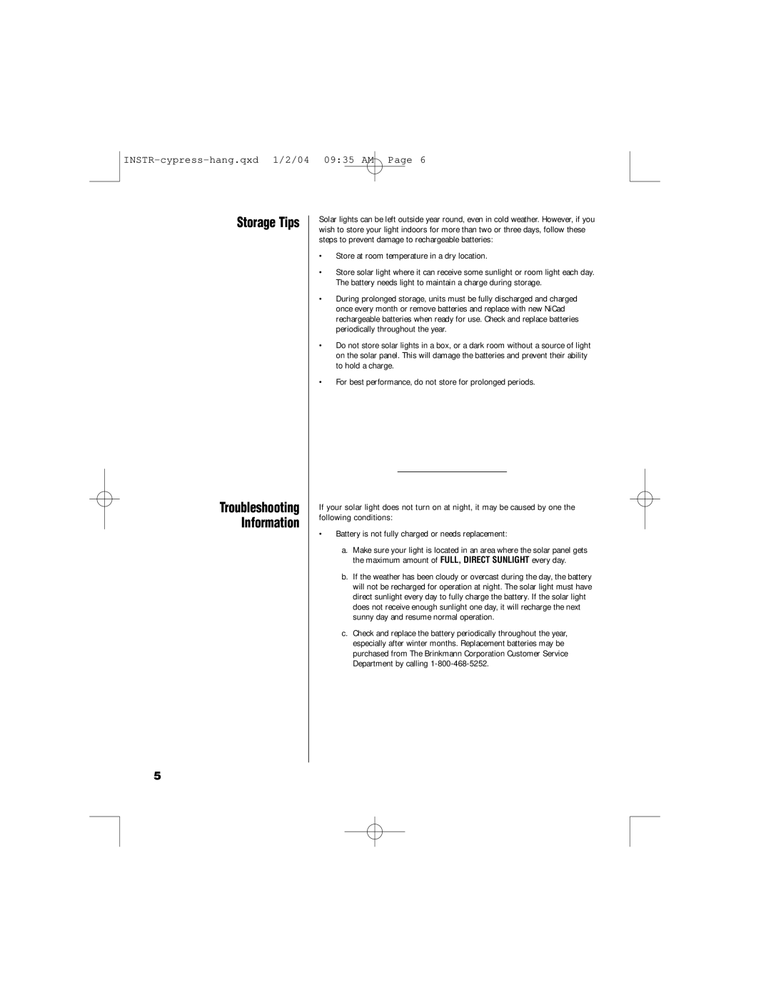 Brinkmann 822-1526-2 owner manual Storage Tips, Troubleshooting Information 