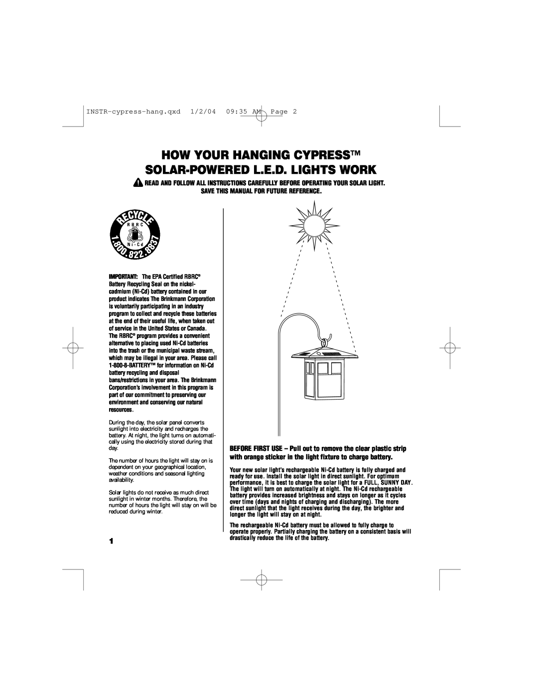 Brinkmann 822-1526-2 How Your Hanging Cypress, Solar-Poweredl.E.D. Lights Work, Save This Manual For Future Reference 
