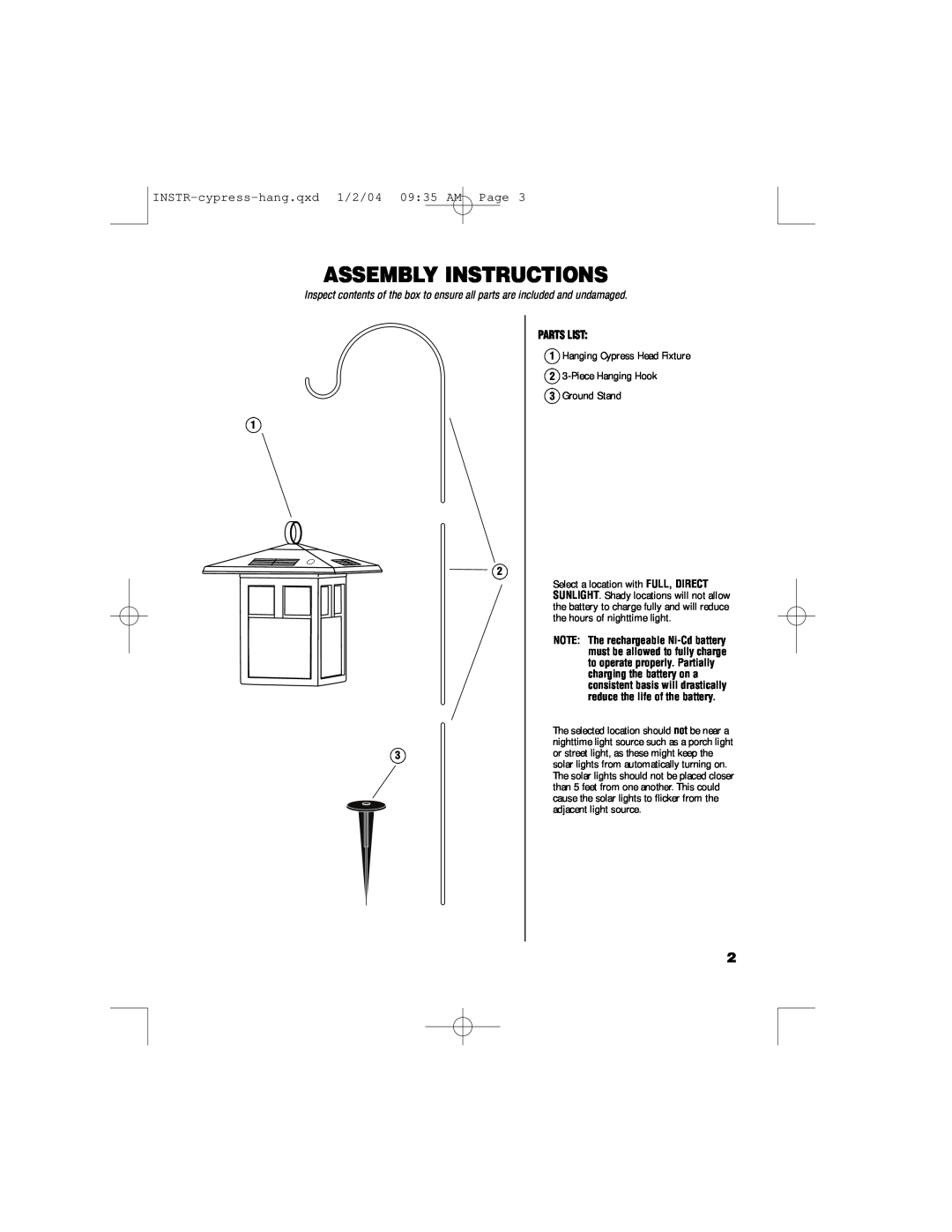 Brinkmann 822-1526-2 owner manual Assembly Instructions, Parts List, INSTR-cypress-hang.qxd1/2/04 09 35 AM Page 