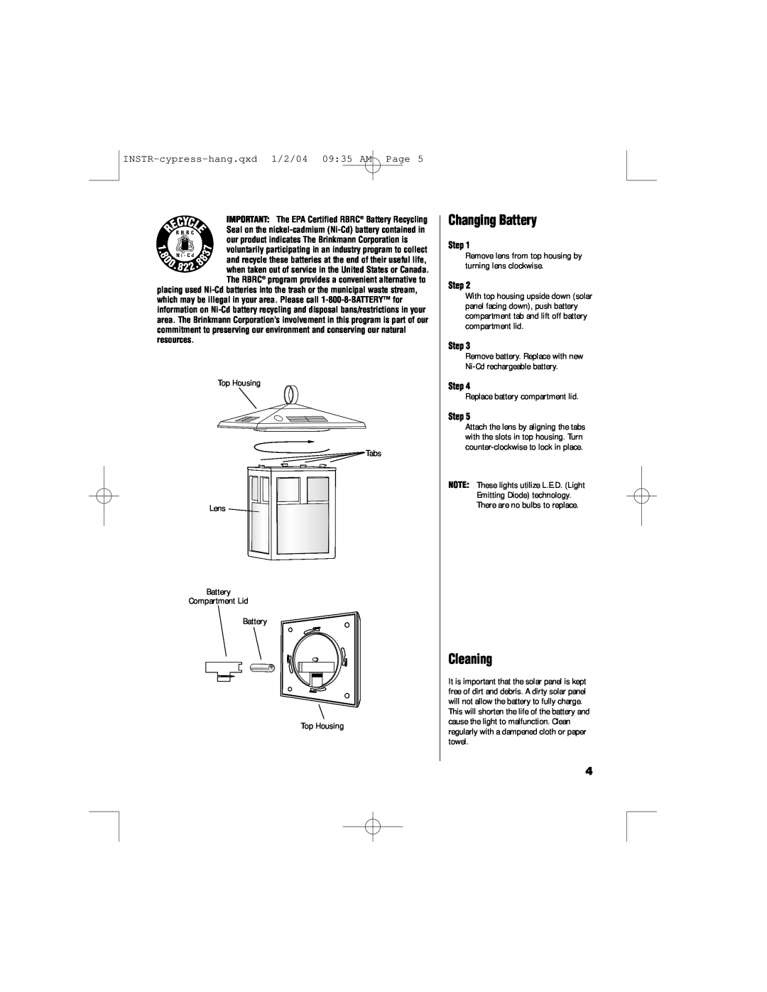Brinkmann 822-1526-2 owner manual Changing Battery, Cleaning, INSTR-cypress-hang.qxd1/2/04 09 35 AM Page, Step 