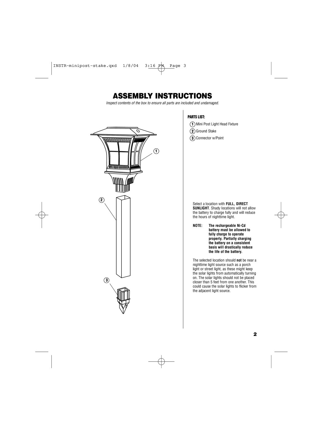 Brinkmann 822-2500-2 owner manual Assembly Instructions, Mini Post Light Head Fixture Ground Stake Connector w/Point 