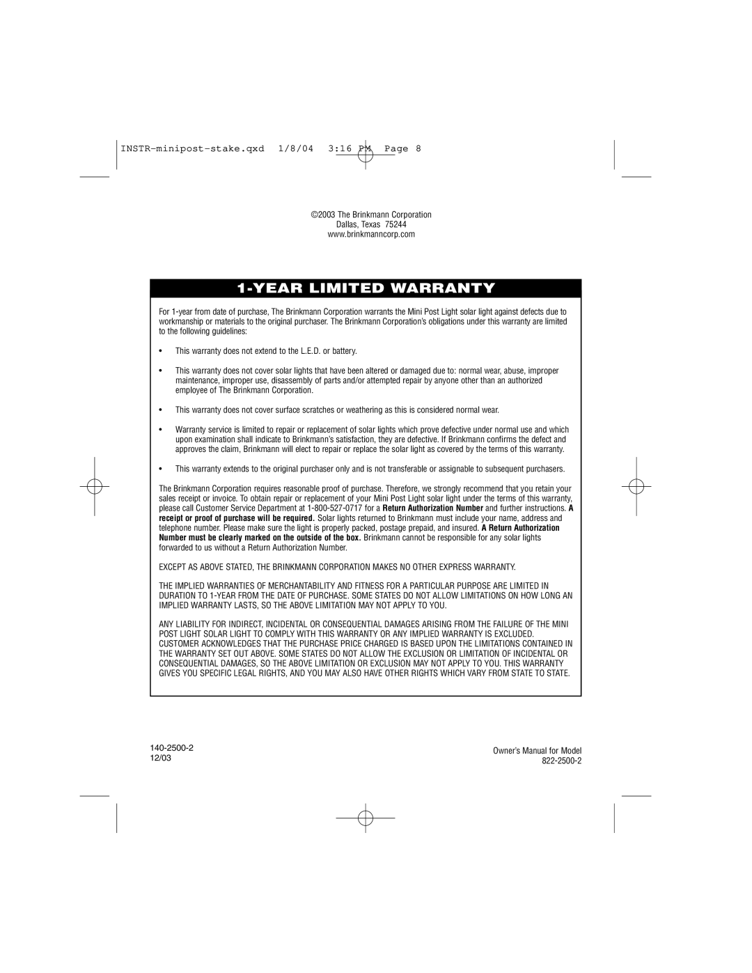 Brinkmann owner manual Brinkmann Corporation Dallas, Texas, 140-2500-2 12/03 822-2500-2 