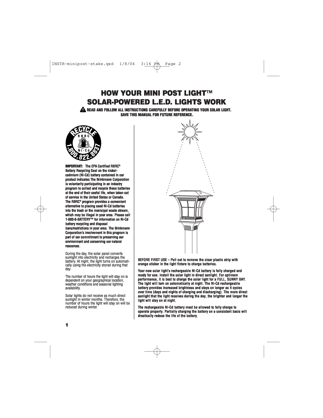 Brinkmann 822-2500-2 How Your Mini Post Light, Solar-Poweredl.E.D. Lights Work, Save This Manual For Future Reference 