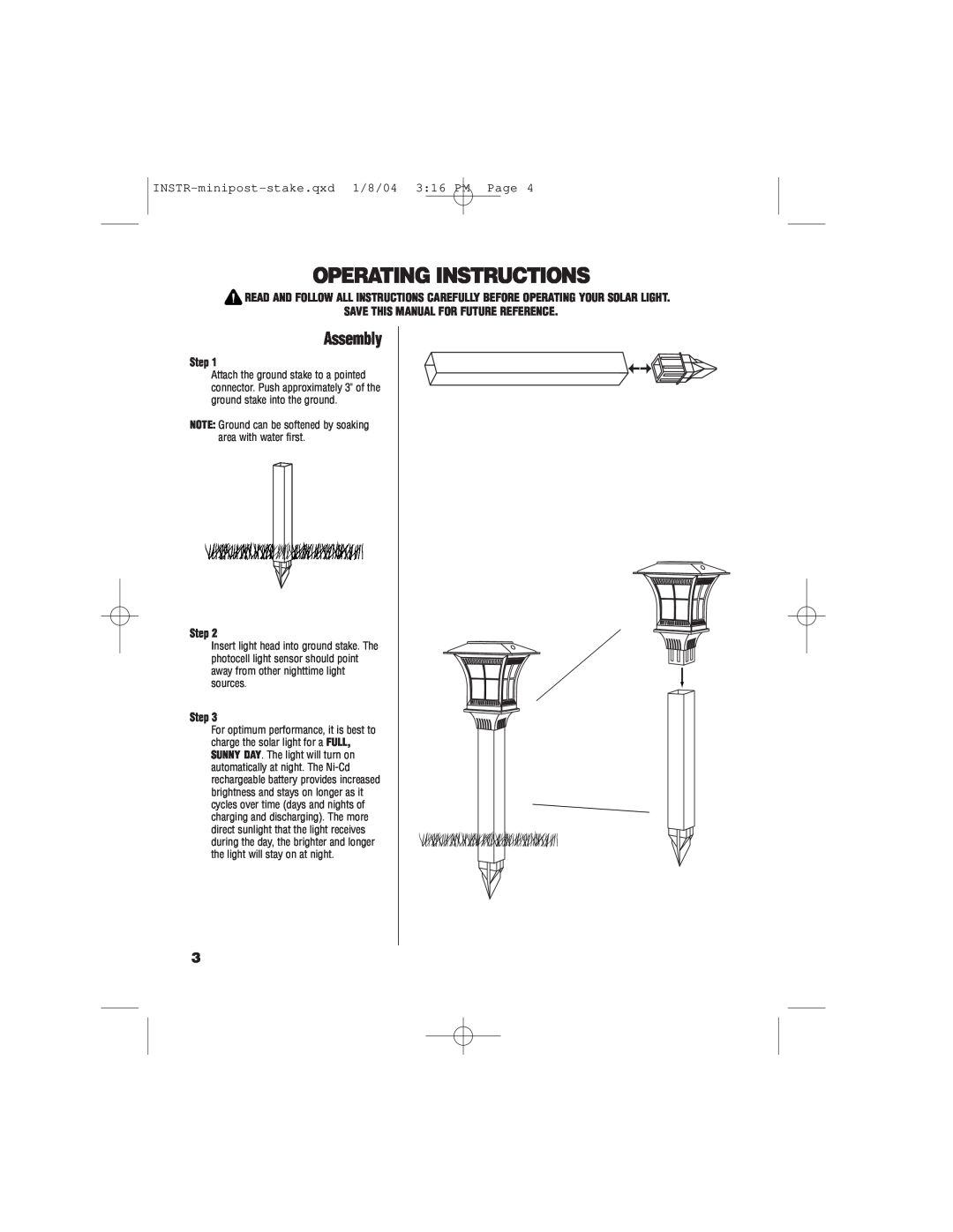 Brinkmann 822-2500-2 owner manual Operating Instructions, Assembly, Step, INSTR-minipost-stake.qxd1/8/04 3 16 PM Page 