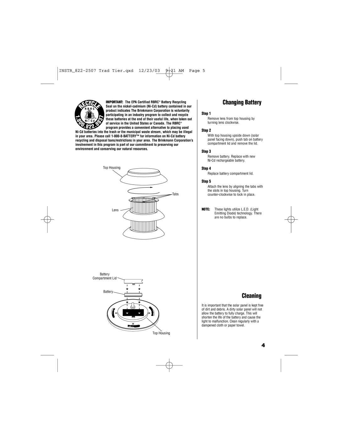 Brinkmann 822-2507-8 owner manual Changing Battery, Cleaning 