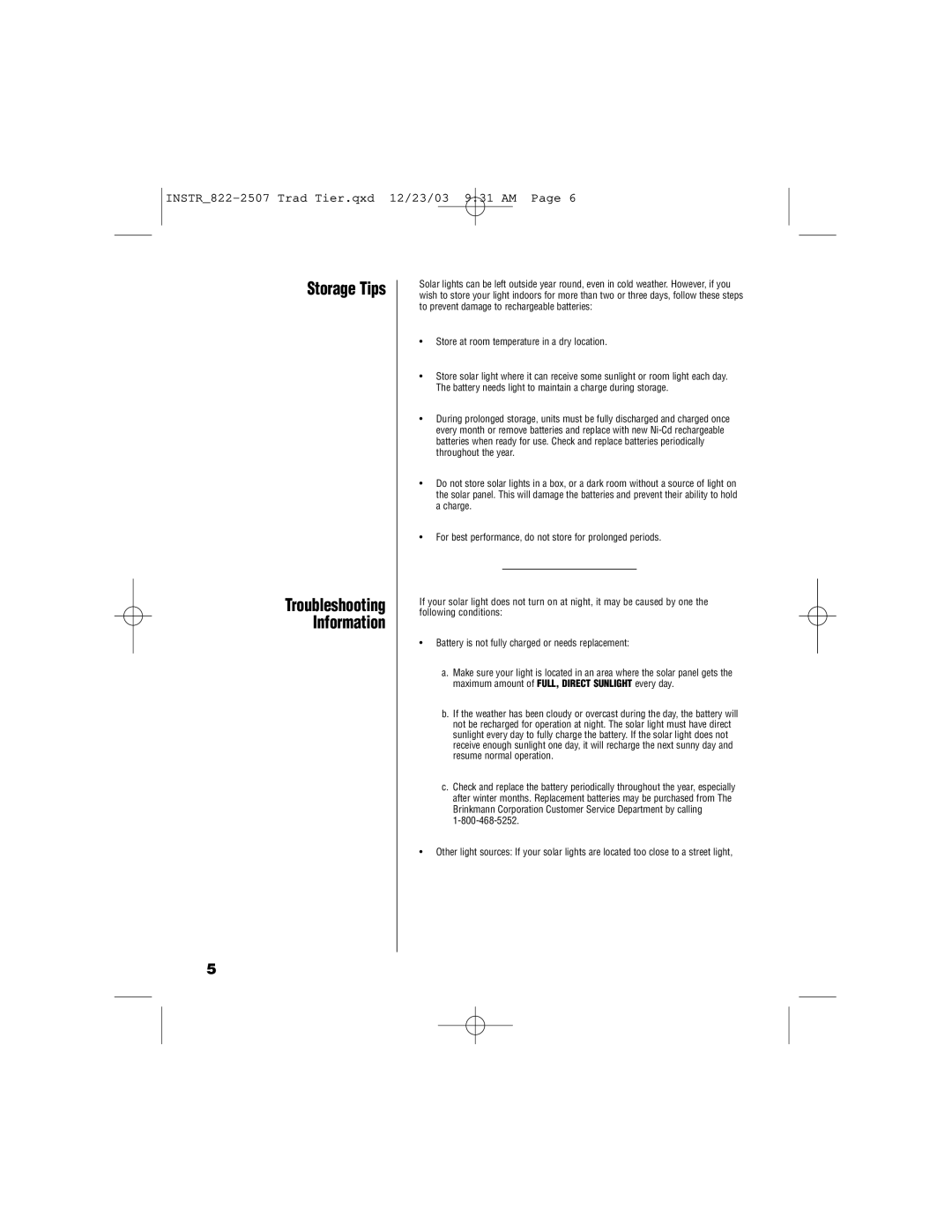 Brinkmann 822-2507-8 owner manual Storage Tips, Troubleshooting Information 