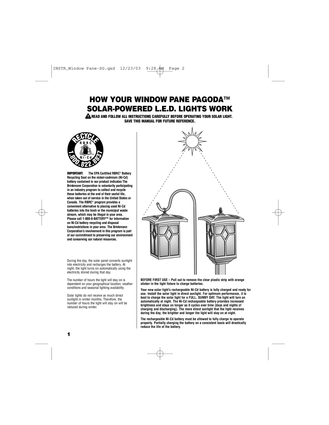 Brinkmann 822-2509-2 owner manual HOW Your Window Pane Pagoda SOLAR-POWERED L.E.D. Lights Work 