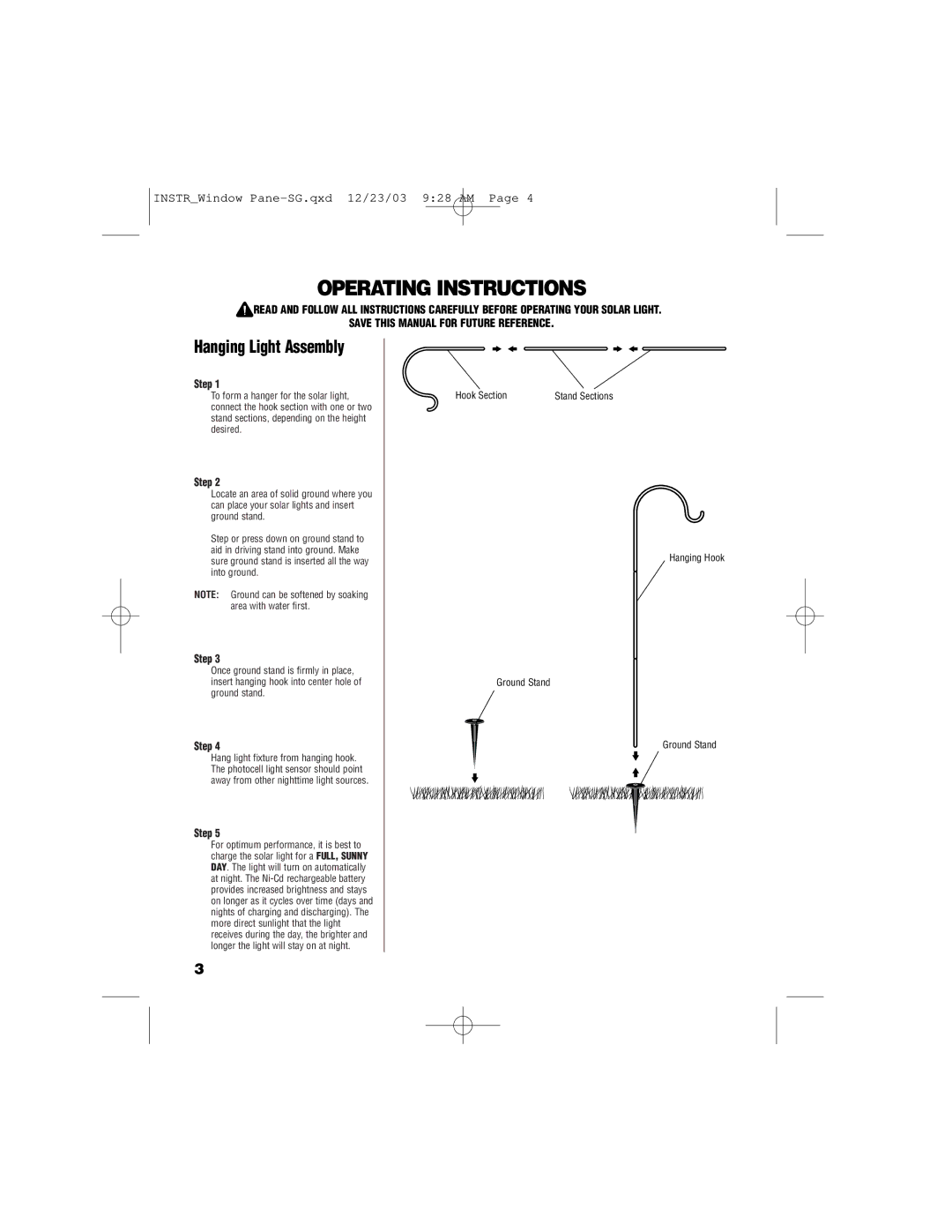 Brinkmann 822-2509-2 owner manual Operating Instructions, Hanging Light Assembly 