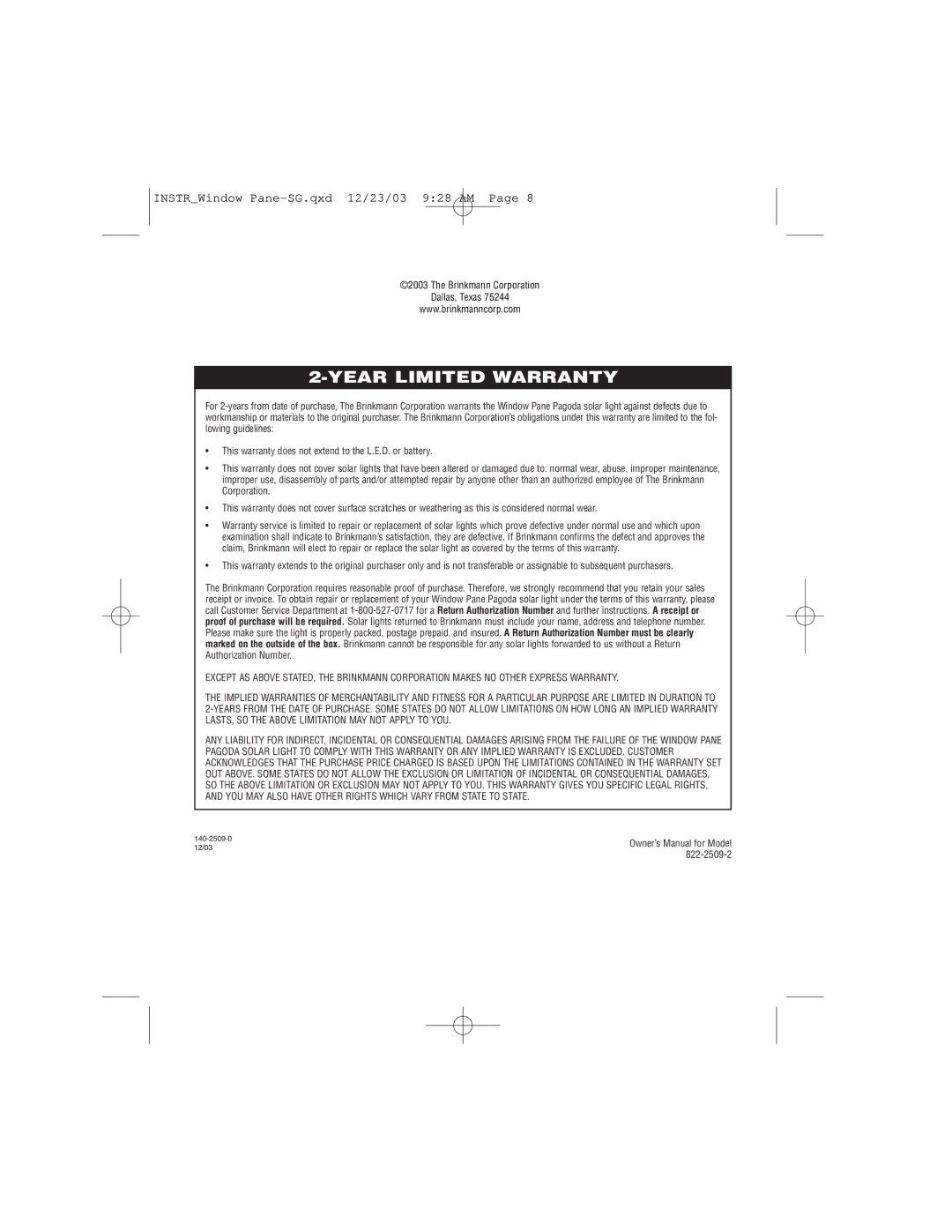 Brinkmann 822-2509-2 owner manual Year Limited Warranty 