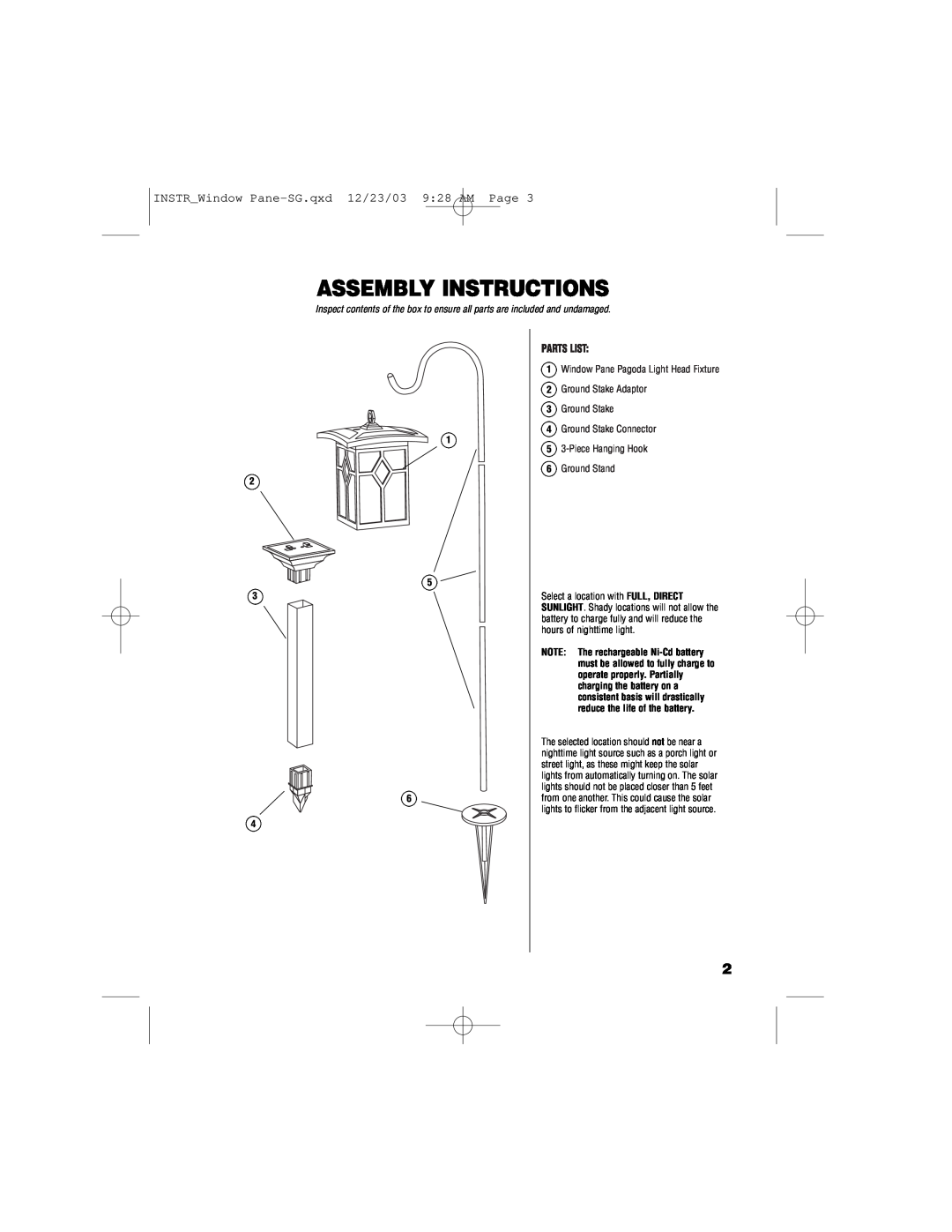 Brinkmann 822-2509-2 owner manual Assembly Instructions, Parts List, INSTRWindow Pane-SG.qxd 12/23/03 928 AM Page 