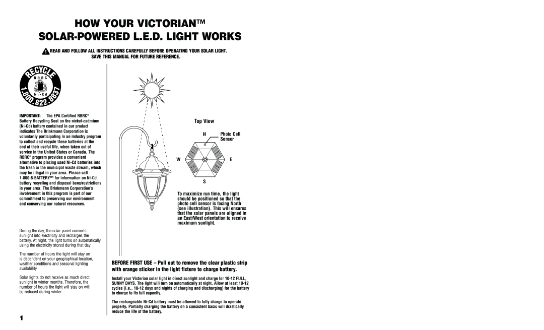 Brinkmann 822-B504-2 owner manual HOW Your Victorian SOLAR-POWERED L.E.D. Light Works 