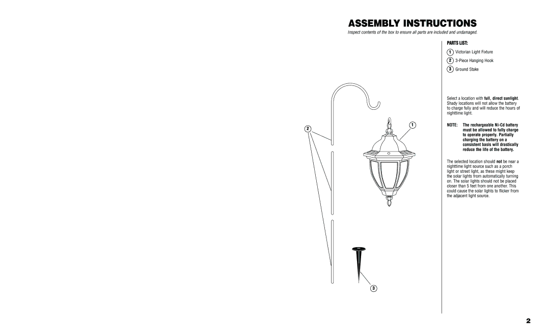 Brinkmann 822-B504-2 Assembly Instructions, Parts List, Victorian Light Fixture Piece Hanging Hook Ground Stake 