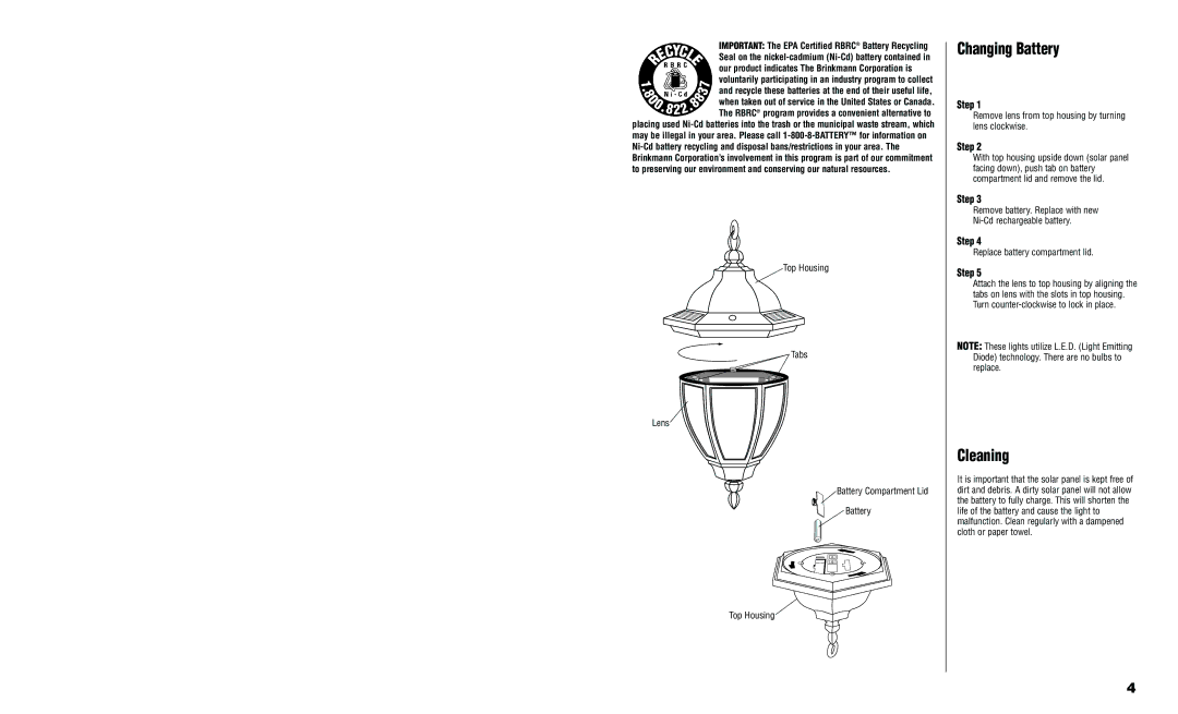 Brinkmann 822-B504-2 owner manual Changing Battery, Cleaning 