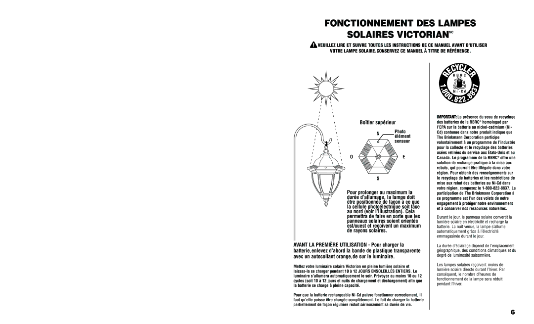 Brinkmann 822-B504-2 owner manual Fonctionnement DES Lampes Solaires Victorianmc, Boîtier supérieur 