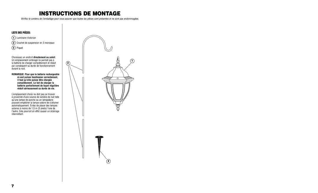 Brinkmann 822-B504-2 owner manual Instructions DE Montage, Liste DES Pièces, ’emplacement choisi ne doit pas se trouver 