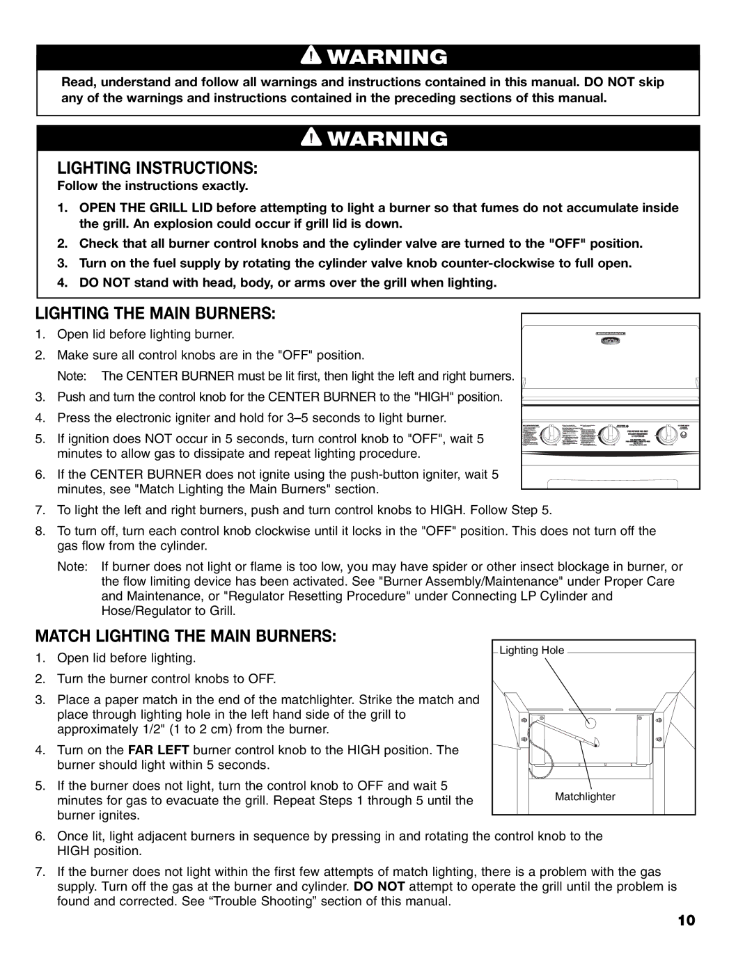 Brinkmann 8300 owner manual Lighting Instructions, Match Lighting the Main Burners 