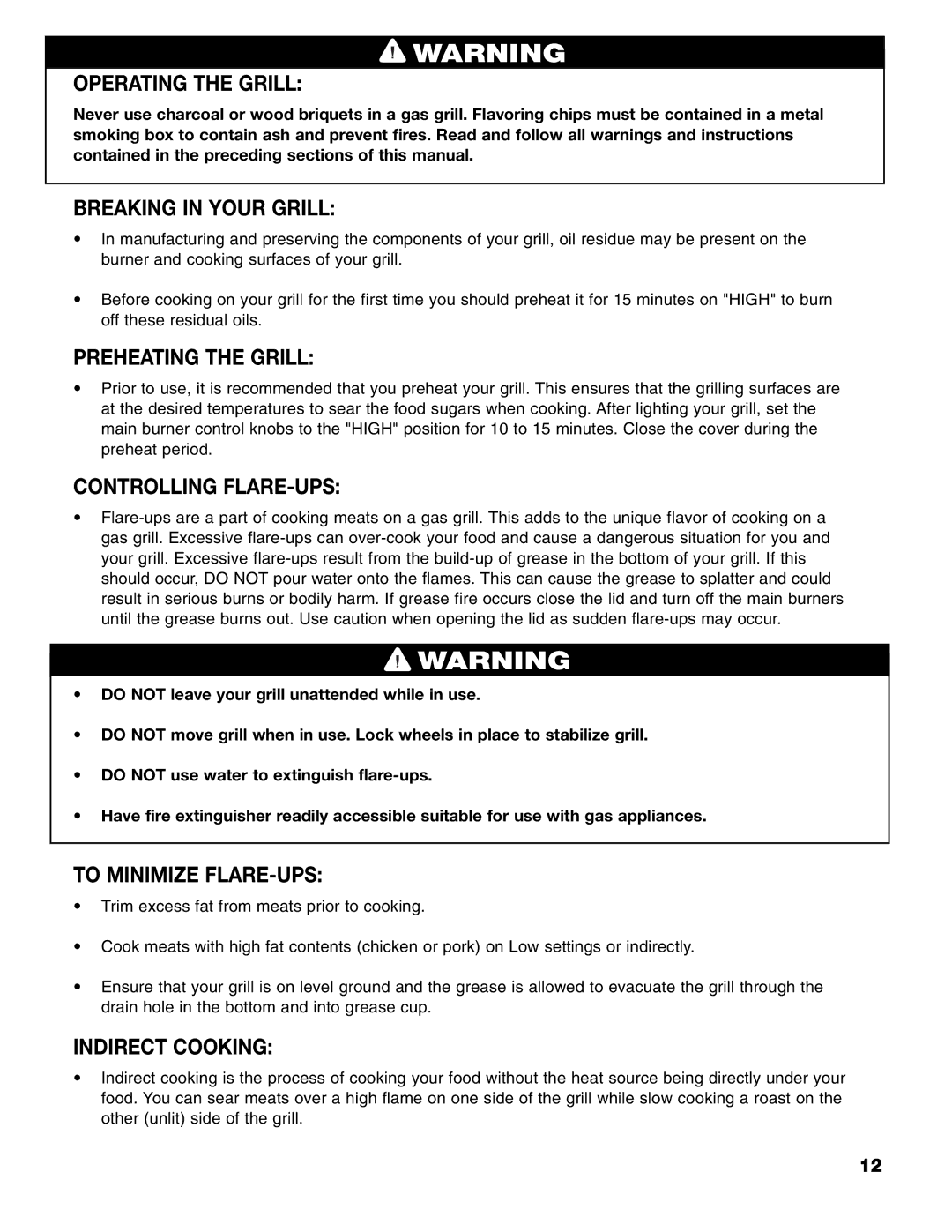 Brinkmann 8300 Operating the Grill, Breaking in Your Grill, Preheating the Grill, Controlling FLARE-UPS, Indirect Cooking 