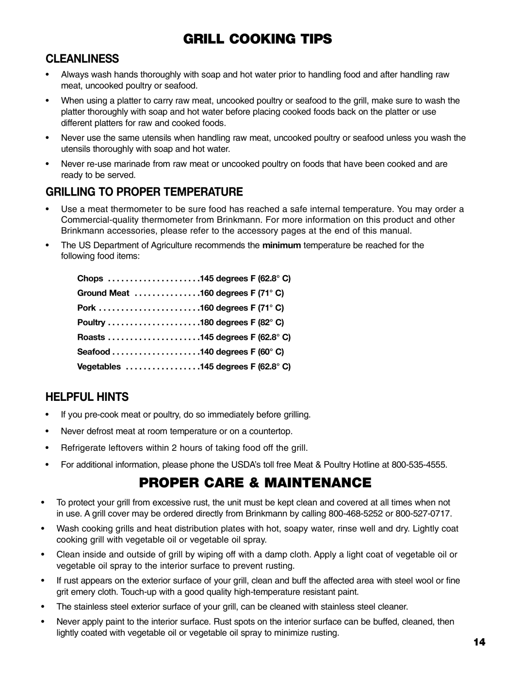 Brinkmann 8300 owner manual Cleanliness, Grilling to Proper Temperature, Helpful Hints 