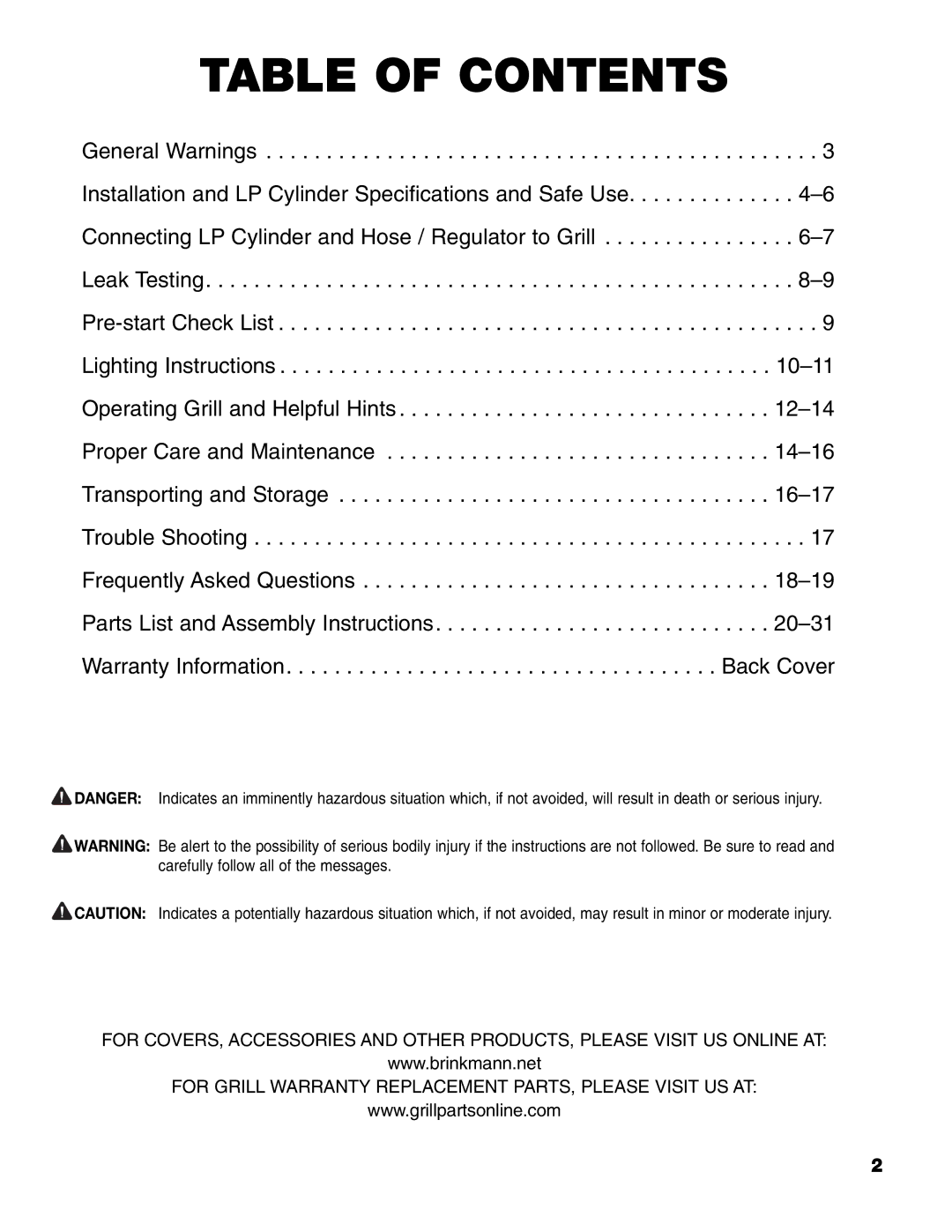 Brinkmann 8300 owner manual Table of Contents 