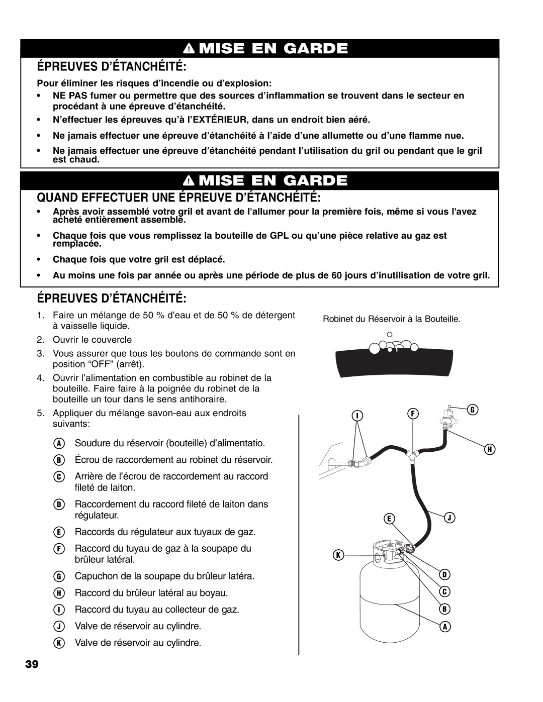 Brinkmann 8300 owner manual Épreuves D’ÉTANCHÉITÉ, Quand Effectuer UNE Épreuve D’ÉTANCHÉITÉ 