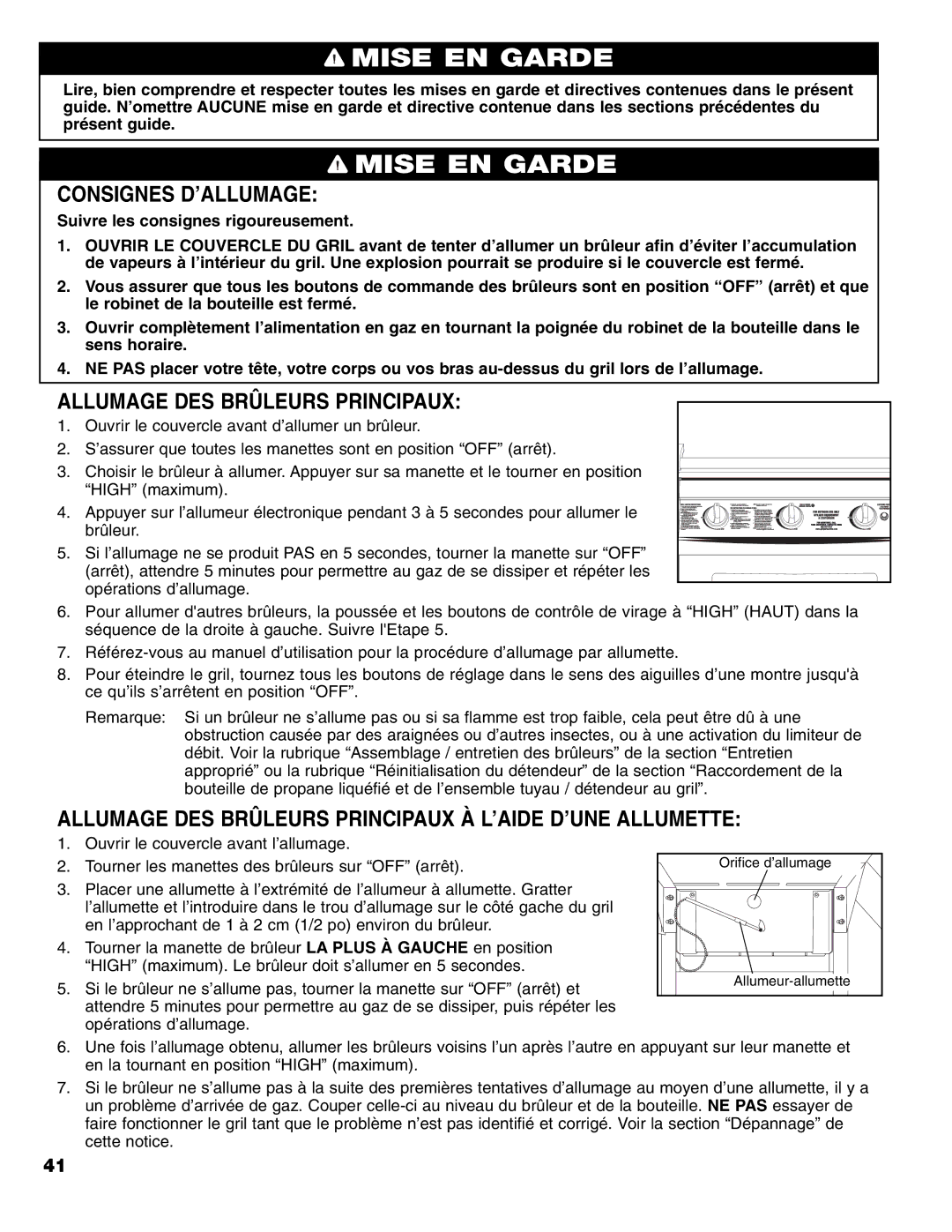 Brinkmann 8300 owner manual Consignes D’ALLUMAGE, Allumage DES Brûleurs Principaux 