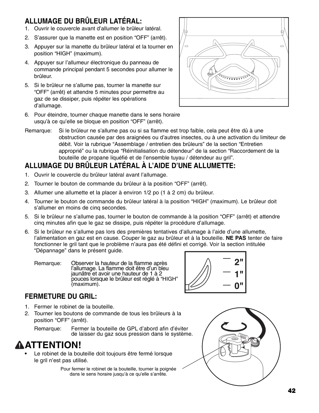 Brinkmann 8300 owner manual Allumage DU Brûleur Latéral À L’AIDE D’UNE Allumette, Fermeture DU Gril 