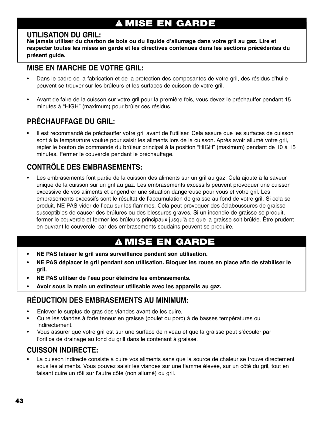 Brinkmann 8300 Utilisation DU Gril, Mise EN Marche DE Votre Gril, Préchauffage DU Gril, Contrôle DES Embrasements 