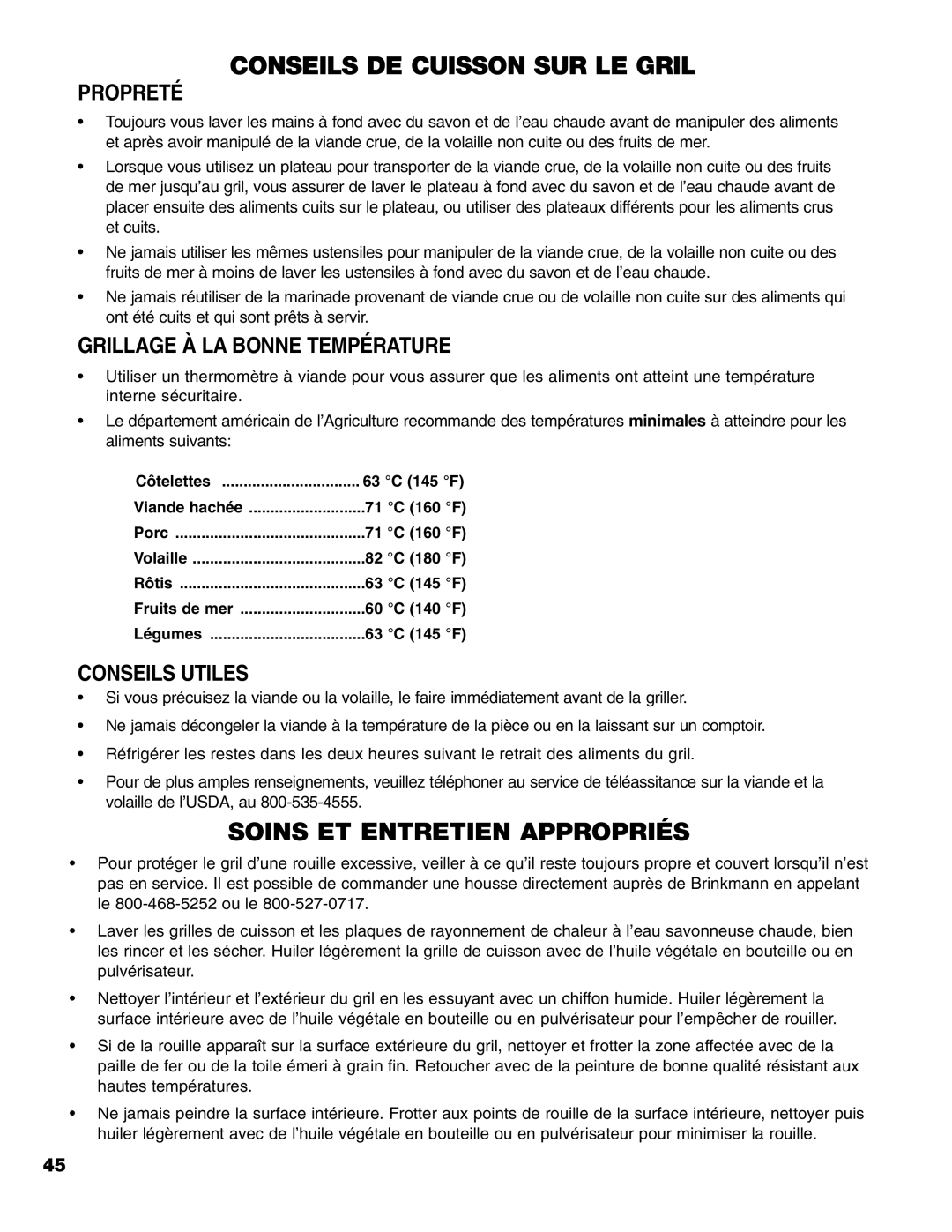 Brinkmann 8300 owner manual Propreté, Grillage À LA Bonne Température, Conseils Utiles 