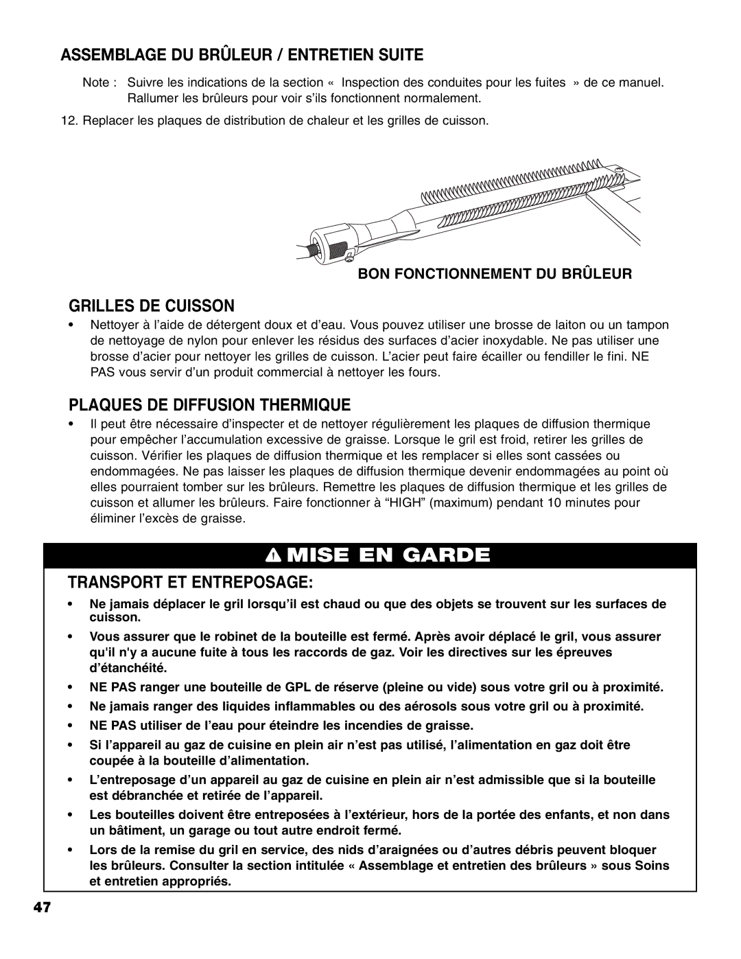 Brinkmann 8300 owner manual Assemblage DU Brûleur / Entretien Suite, Grilles DE Cuisson, Plaques DE Diffusion Thermique 