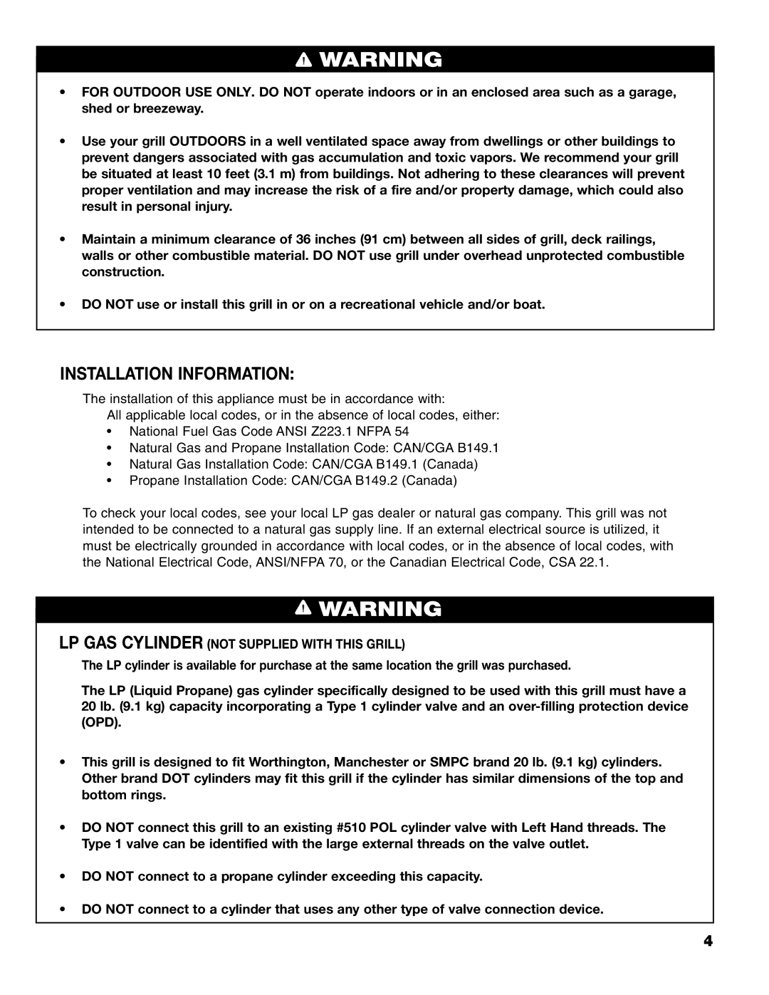 Brinkmann 8300 owner manual Installation Information, LP GAS Cylinder not Supplied with this Grill 