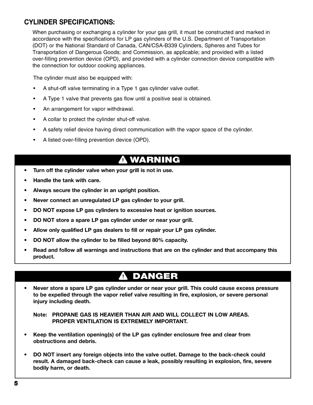 Brinkmann 8300 owner manual Cylinder Specifications 