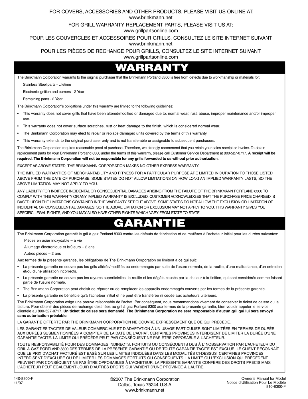 Brinkmann 8300 owner manual Warranty 