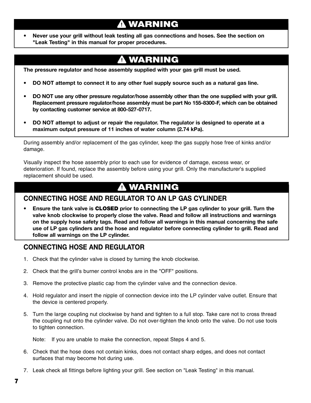 Brinkmann 8300 owner manual Connecting Hose and Regulator to AN LP GAS Cylinder 