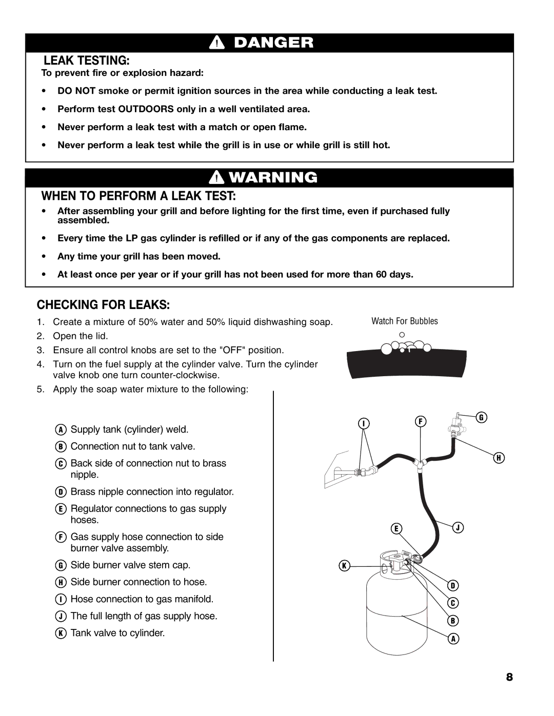 Brinkmann 8300 owner manual Leak Testing, When to Perform a Leak Test, Checking for Leaks 