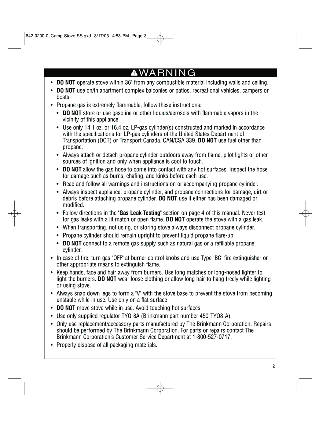 Brinkmann 842-0200-0 owner manual Properly dispose of all packaging materials 