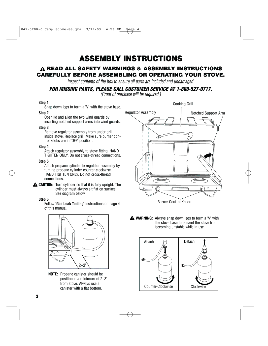 Brinkmann 842-0200-0 owner manual Assembly Instructions, For Missing PARTS, Please Call Customer Service AT 