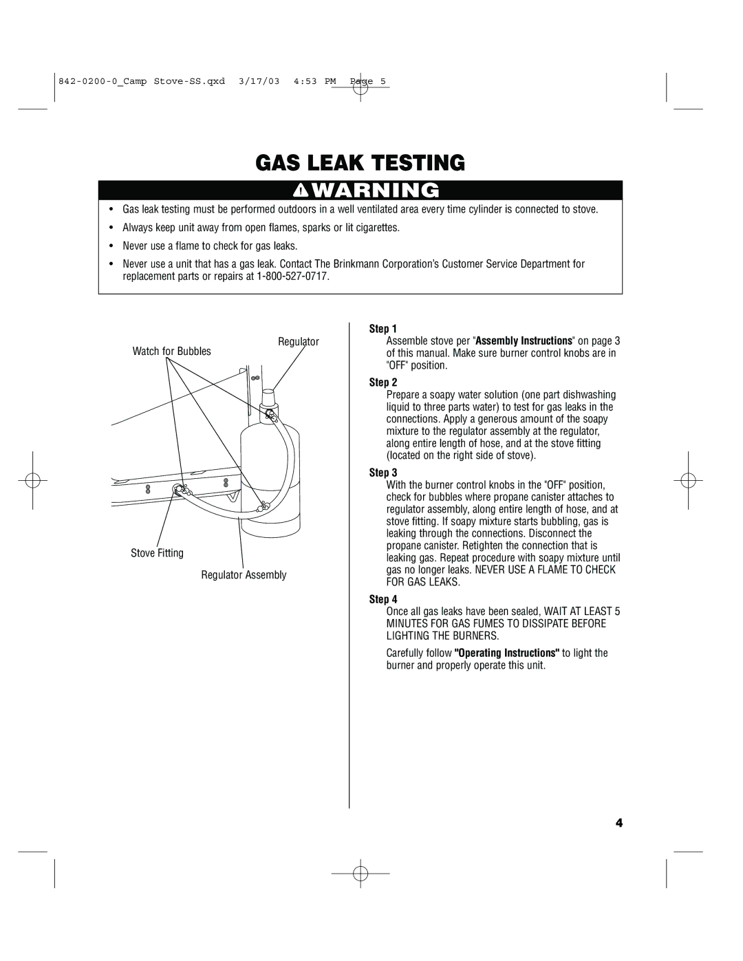 Brinkmann 842-0200-0 owner manual GAS Leak Testing 