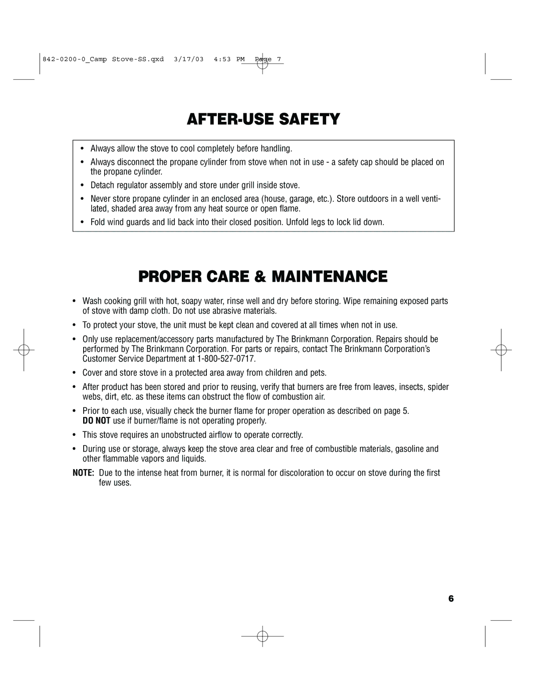 Brinkmann 842-0200-0 owner manual AFTER-USE Safety, Proper Care & Maintenance 