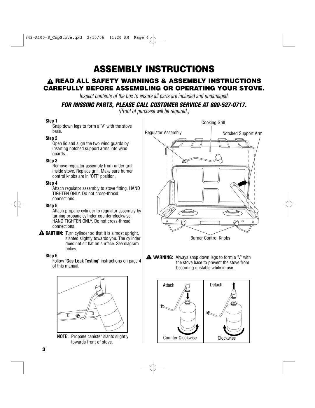 Brinkmann 842-A100-S owner manual Assembly Instructions, For Missing PARTS, Please Call Customer Service AT 