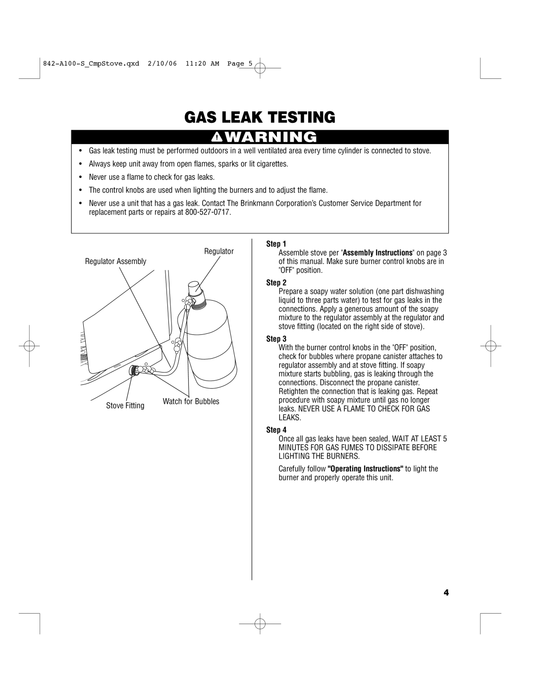 Brinkmann 842-A100-S owner manual GAS Leak Testing 