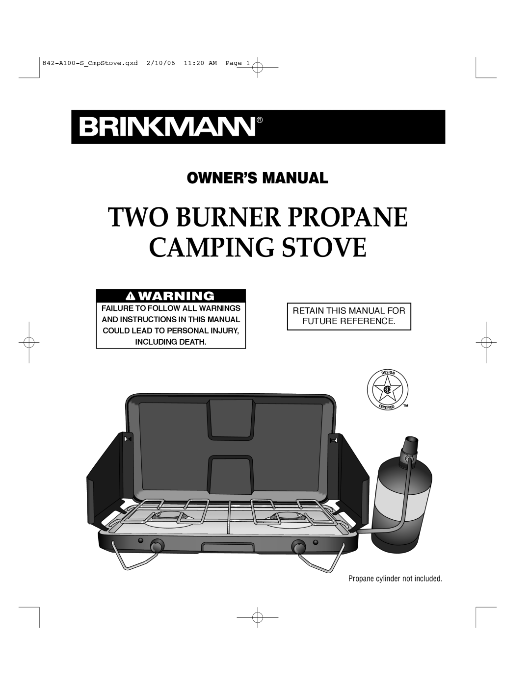 Brinkmann 842-A100-S owner manual Owner’S Manual, Two Burner Propane Camping Stove 