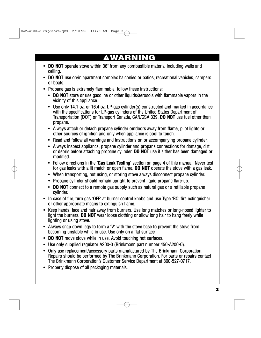 Brinkmann 842-A100-S owner manual Propane gas is extremely flammable, follow these instructions 