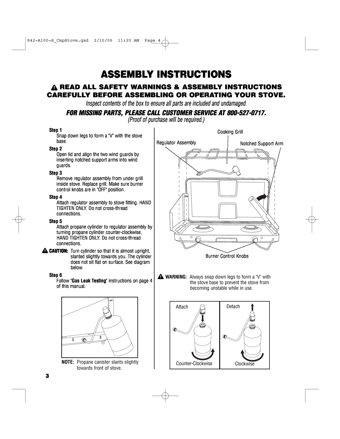 Brinkmann 842-A100-S owner manual Assembly Instructions, For Missing Parts, Please Call Customer Service At, Step 