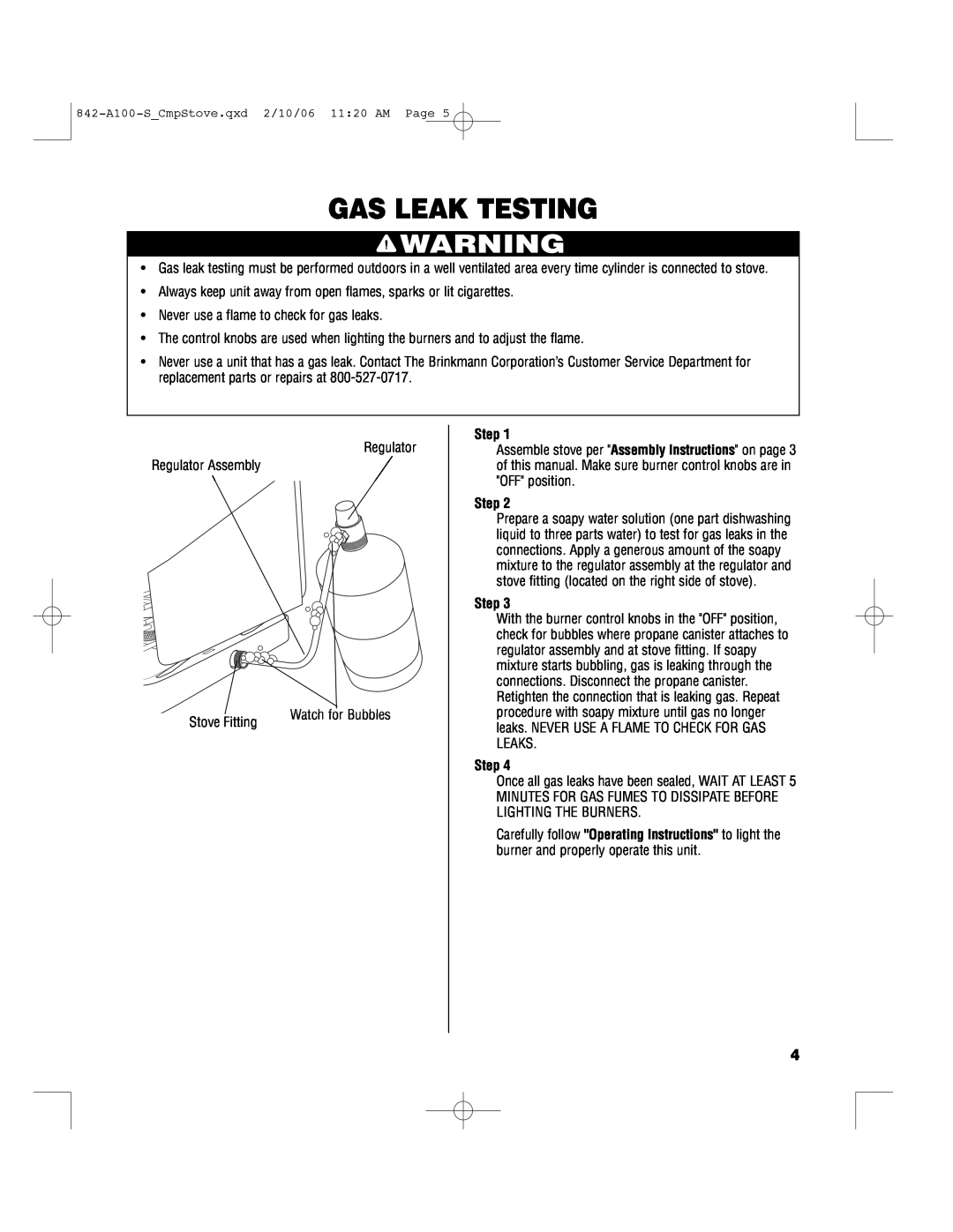Brinkmann 842-A100-S owner manual Gas Leak Testing, Step 
