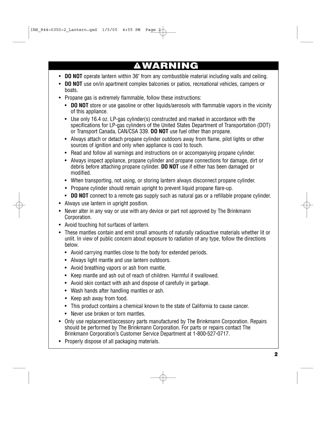 Brinkmann 844-0350-S, 844-0350-0, 844-0350-2 warranty Properly dispose of all packaging materials 