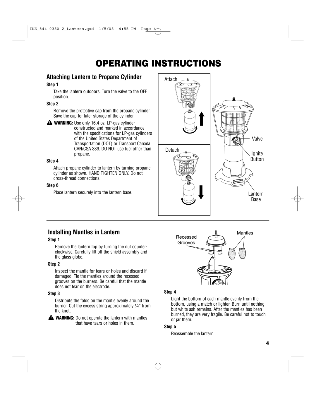 Brinkmann 844-0350-0 warranty Operating Instructions, Attaching Lantern to Propane Cylinder, Installing Mantles in Lantern 