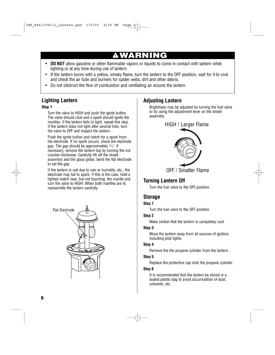 Brinkmann 844-0350-S, 844-0350-0, 844-0350-2 warranty Lighting Lantern, Adjusting Lantern, Turning Lantern Off, Storage 