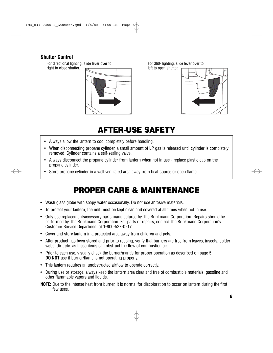 Brinkmann 844-0350-2, 844-0350-0, 844-0350-S warranty AFTER-USE Safety, Proper Care & Maintenance, Shutter Control 